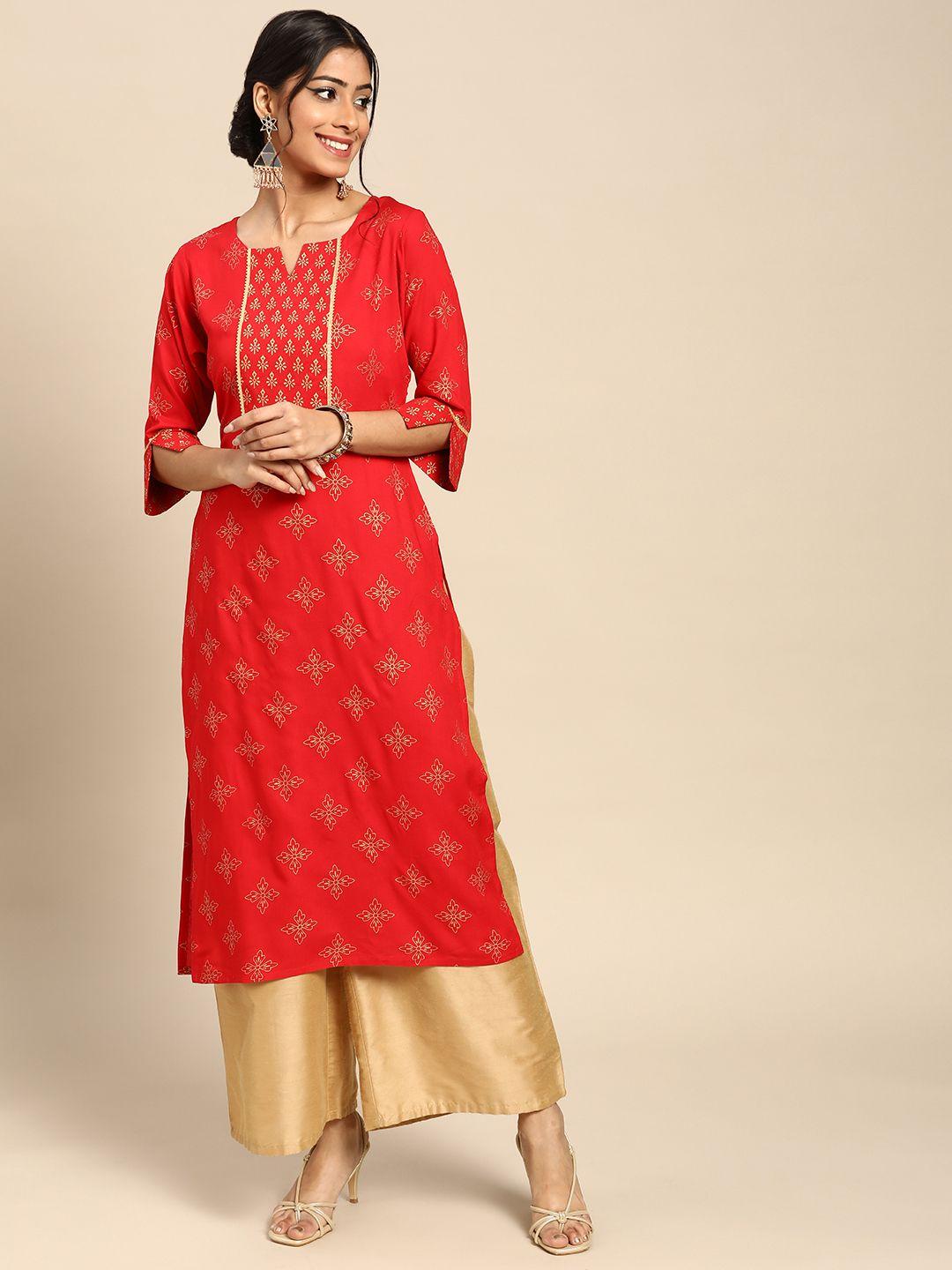 gerua women red & golden ethnic motifs printed kurta