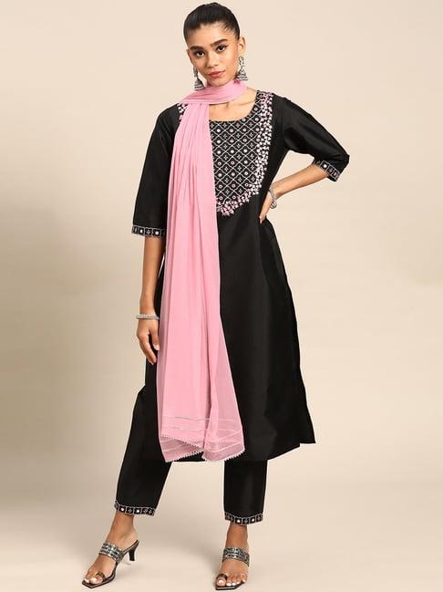 gerua black embellished kurta pant set with dupatta