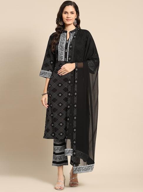 gerua black printed kurta pant set with dupatta