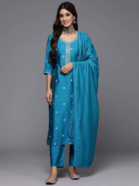gerua blue embroidered kurta pant set with dupatta