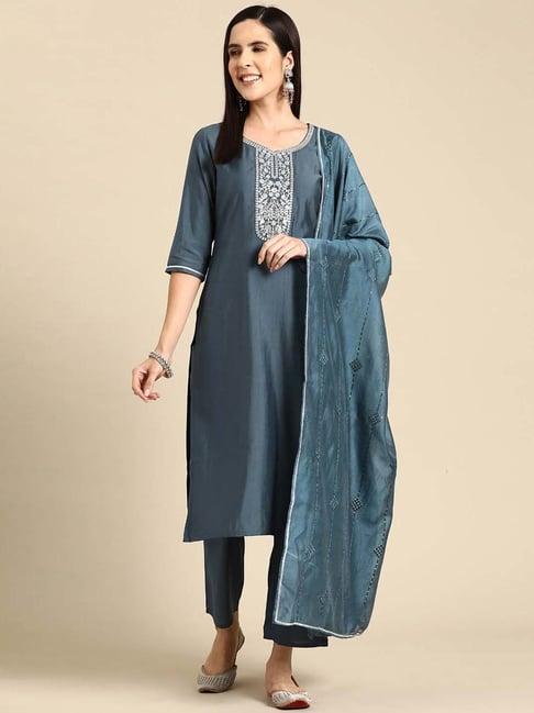 gerua blue embroidered kurta pant set with dupatta