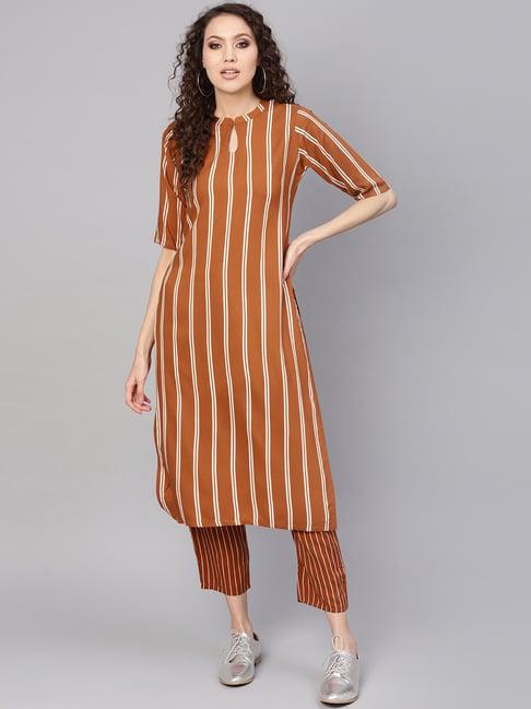 gerua brown striped kurti pant set