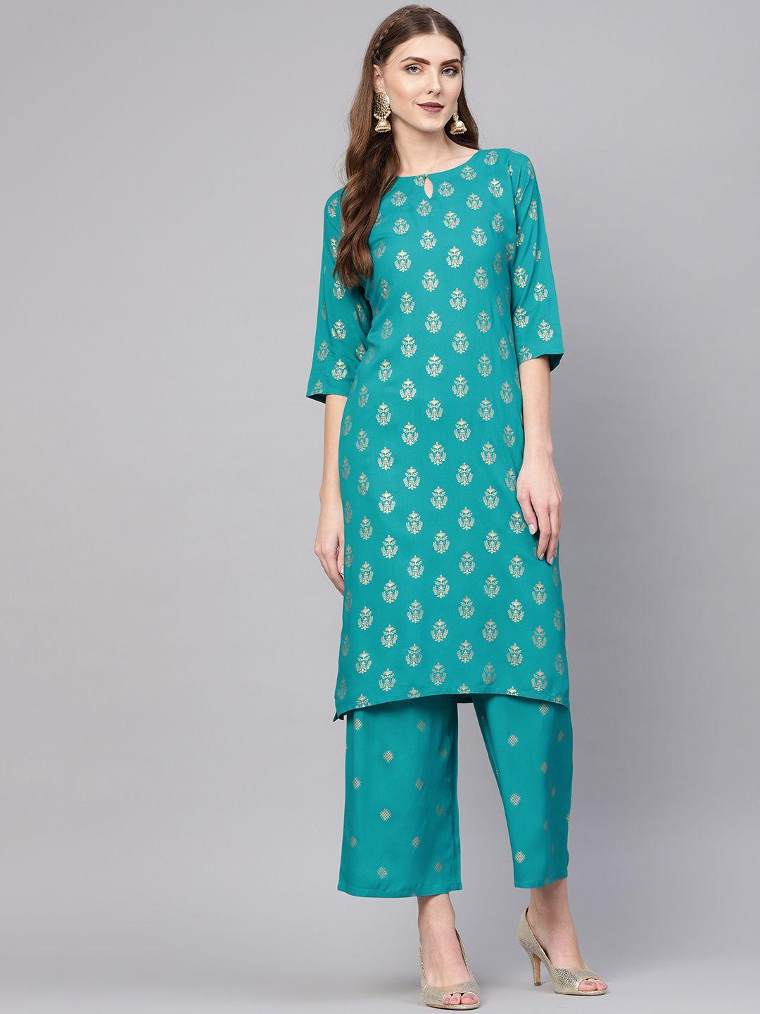 gerua by libas women blue  golden block print kurta with palazzos