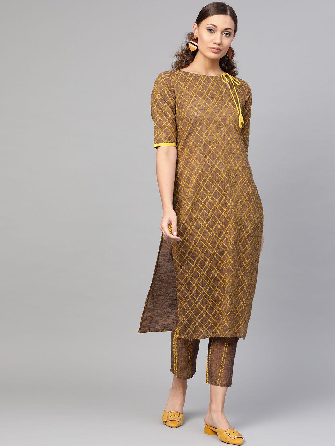 gerua by libas women brown  yellow block printed kurta with trousers