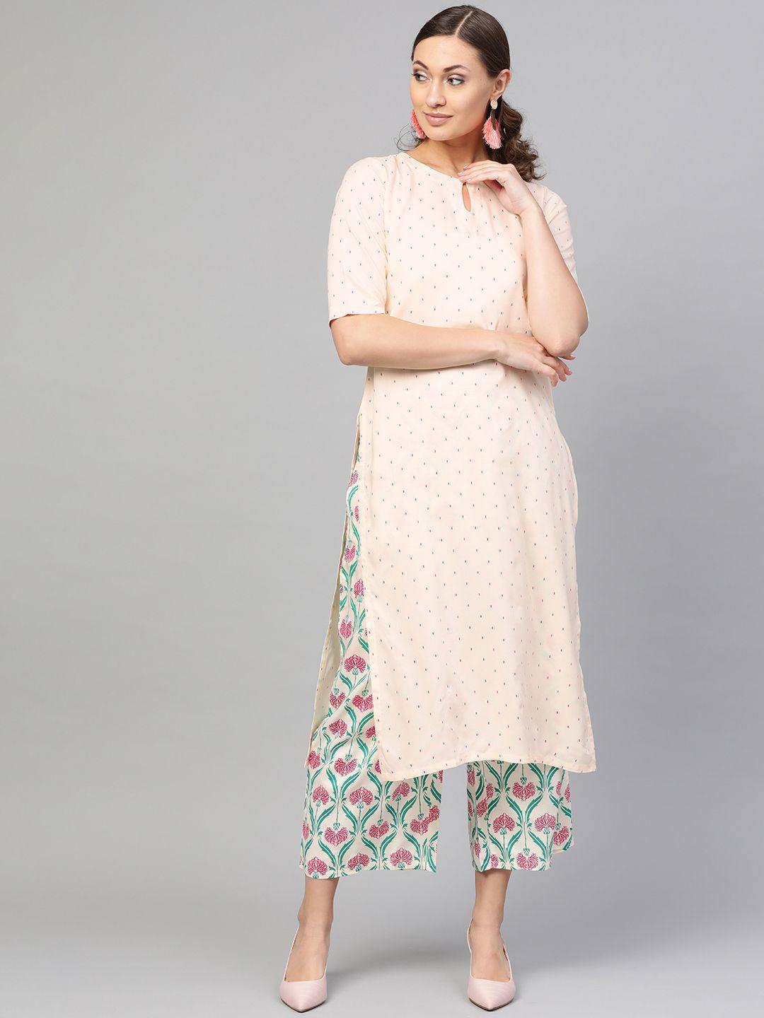 gerua by libas women cream-coloured  pink printed kurta with palazzos