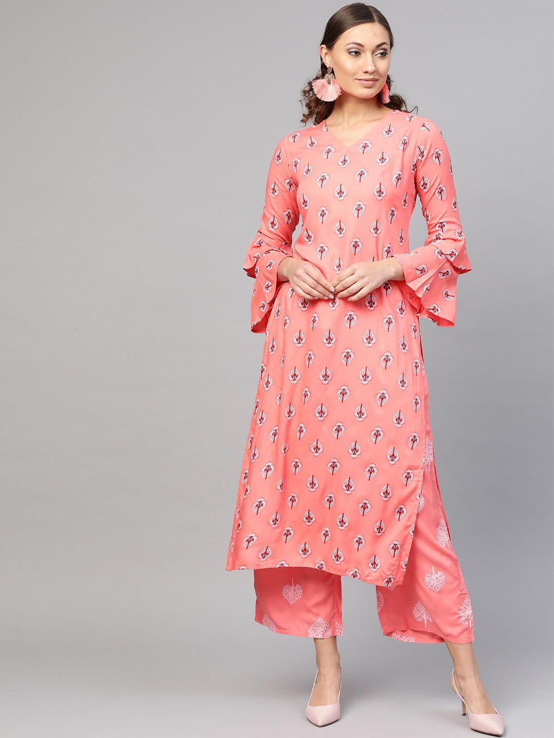 gerua by libas women pink  off-white printed kurta with palazzos