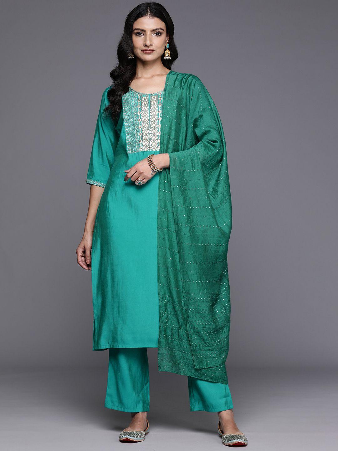 gerua ethnic motifs yoke design regular sequinned kurta with trousers & dupatta