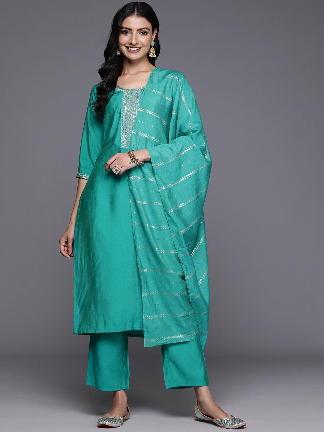 gerua ethnic motifs yoke design regular sequinned kurta with trousers & dupatta