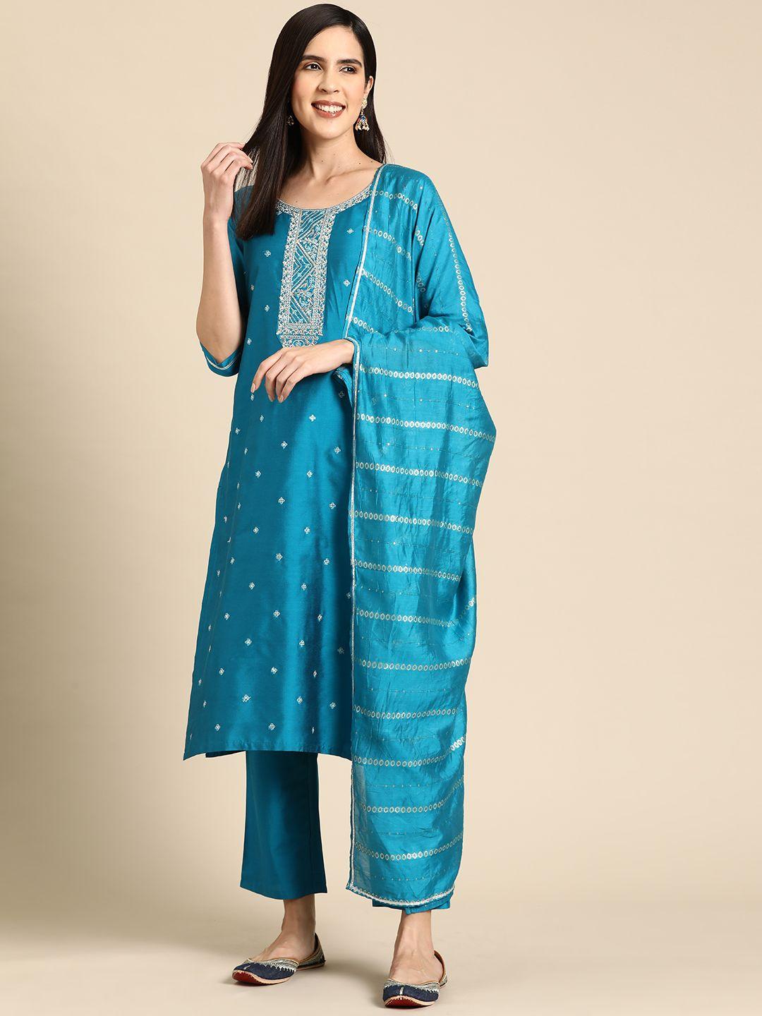 gerua floral embroidered zari regular kurta with trousers & dupatta