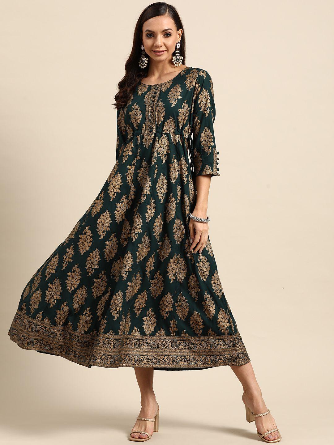 gerua green & gold-toned ethnic motifs ethnic midi dress