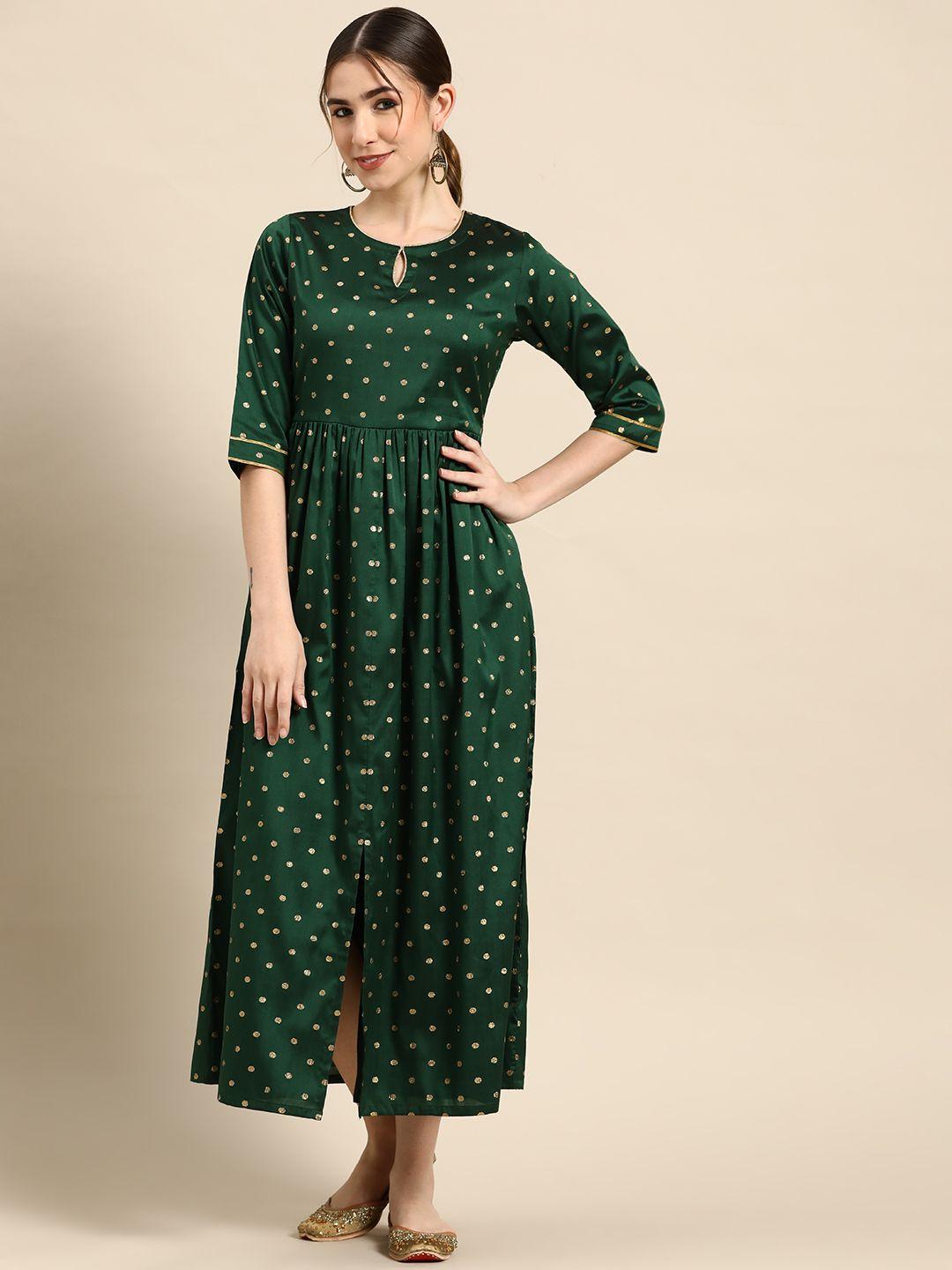 gerua green & golden keyhole neck maxi dress