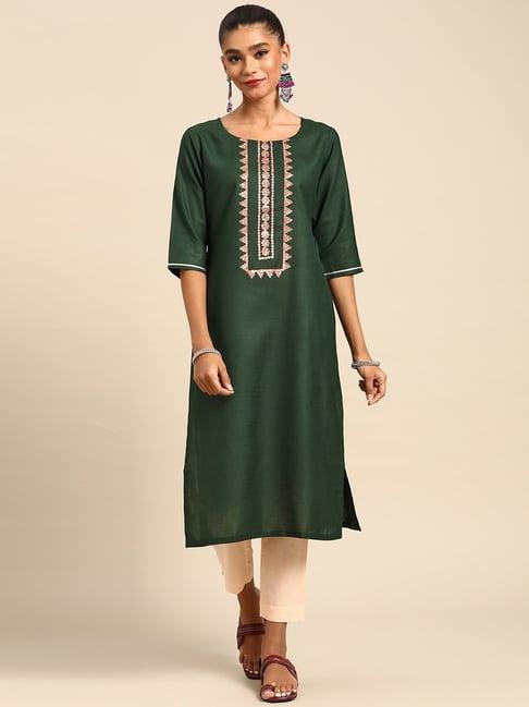 gerua green cotton embellished straight kurta