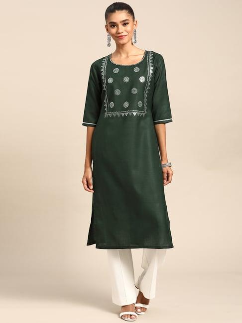 gerua green cotton embellished straight kurta