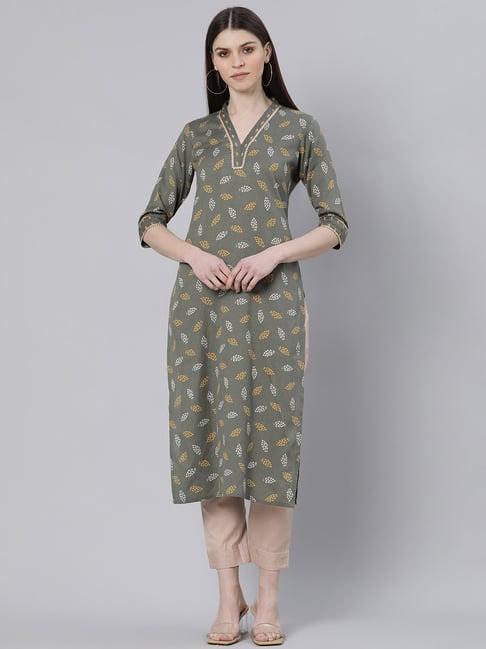 gerua green cotton printed straight kurta