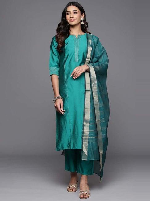 gerua green straight fit kurta pant set with dupatta