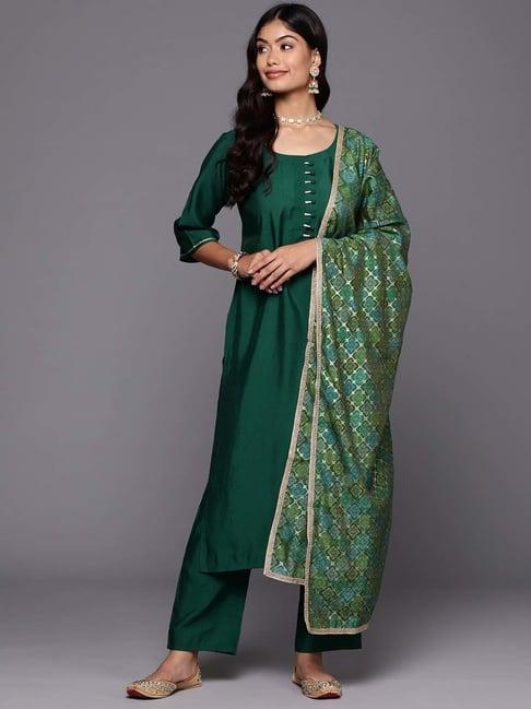 gerua green straight fit kurta pant set with dupatta