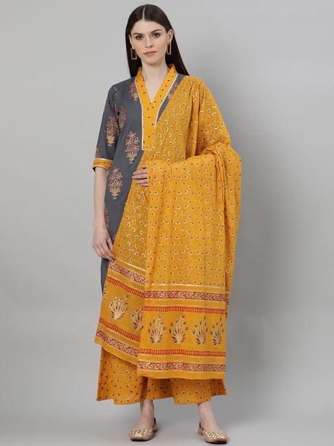 gerua grey & mustard cotton printed kurta palazzo set with dupatta