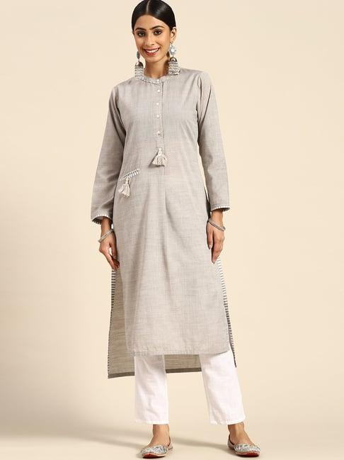 gerua grey cotton straight kurta