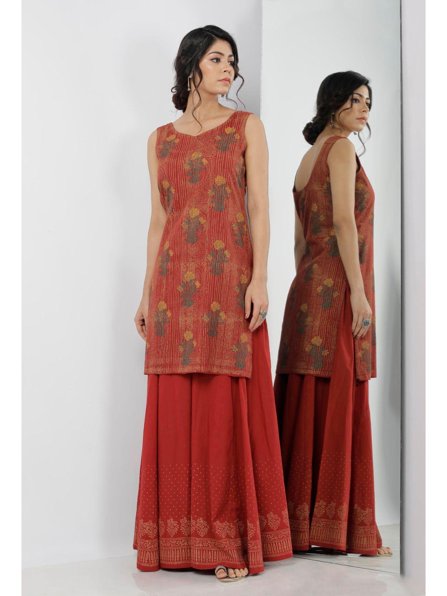 gerua maroon floral printed short kurta with printed cotton palazzo (set of 2)