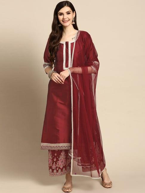 gerua maroon kurta palazzo set with dupatta