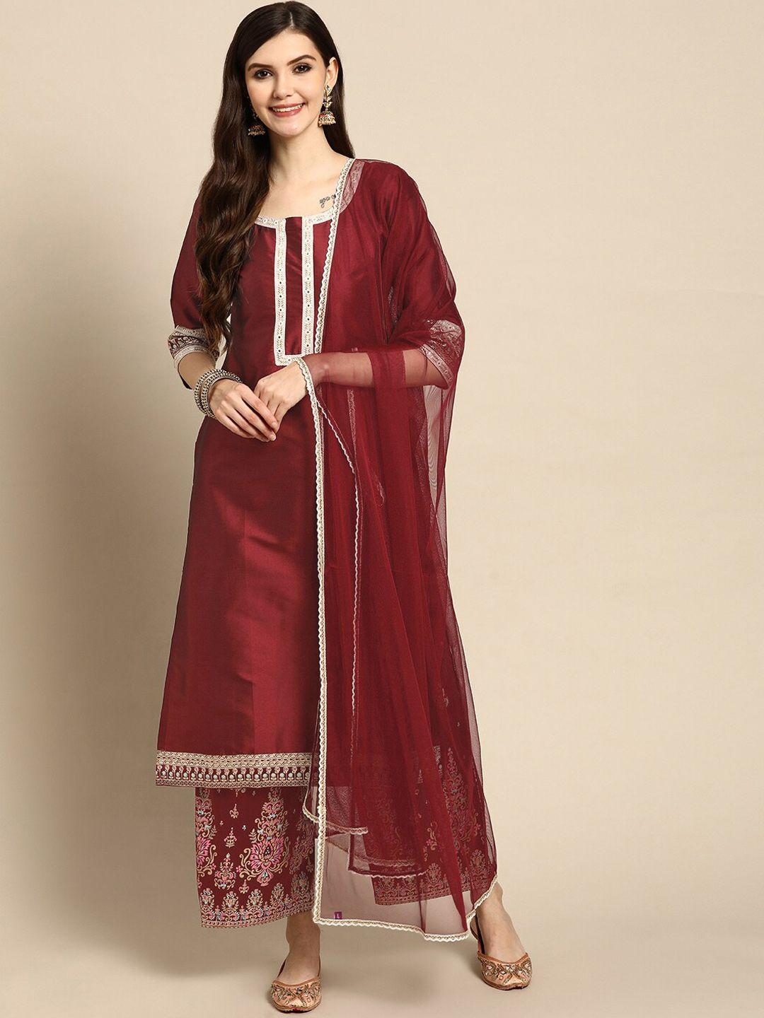 gerua mirror work regular kurta with palazzos & with dupatta