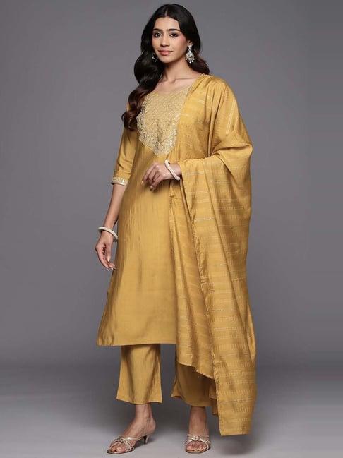 gerua mustard embroidered kurta pant set with dupatta