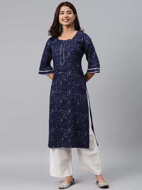 gerua navy cotton printed straight kurta