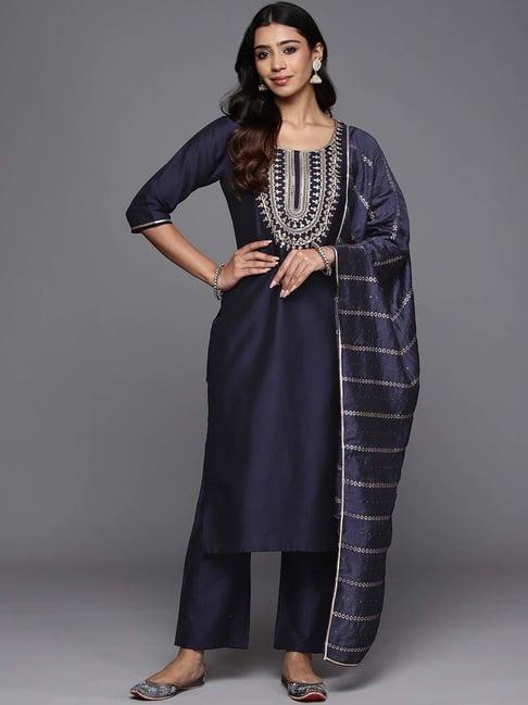 gerua navy embroidered kurta pant set with dupatta