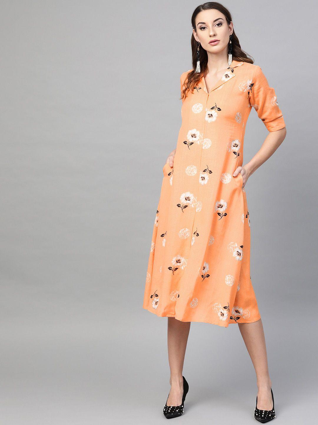 gerua orange floral a-line midi dress