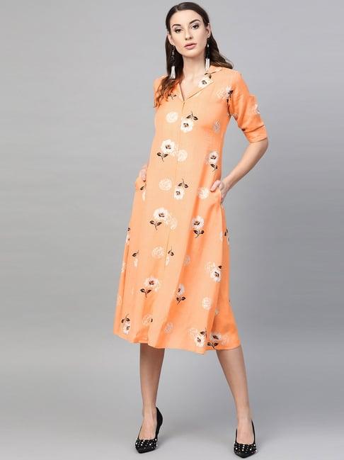 gerua orange floral print a-line dress