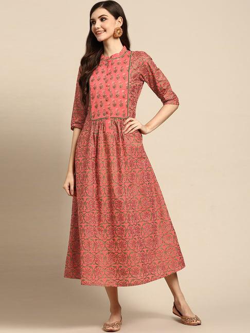 gerua peach cotton floral print maxi dress