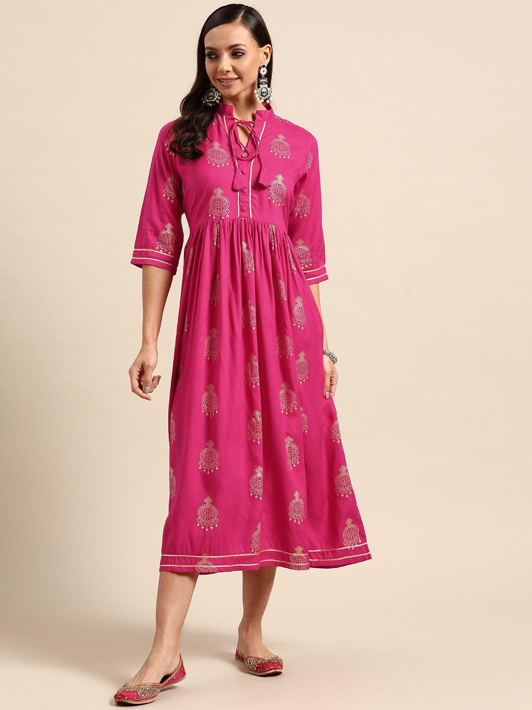 gerua pink & gold-toned ethnic motifs ethnic midi dress