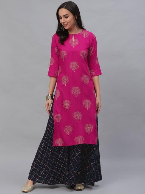 gerua pink & navy printed kurta skirt set