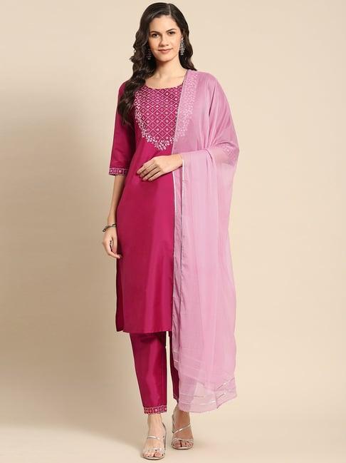 gerua pink embellished kurta pant set with dupatta