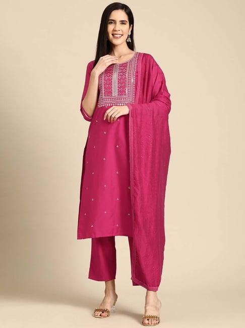 gerua pink embroidered kurta pant set with dupatta