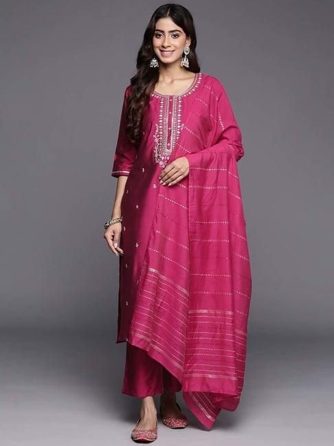 gerua pink embroidered kurta pant set with dupatta