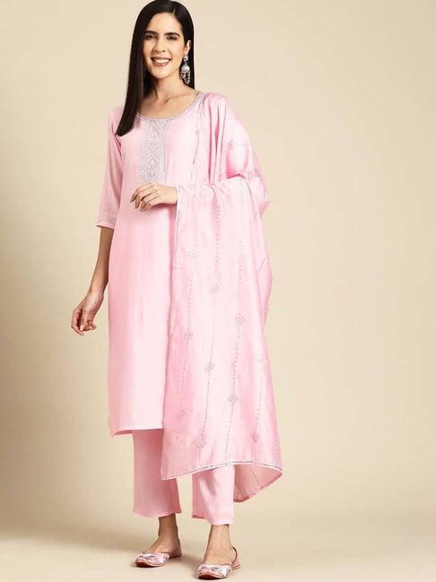 gerua pink embroidered kurta pant set with dupatta