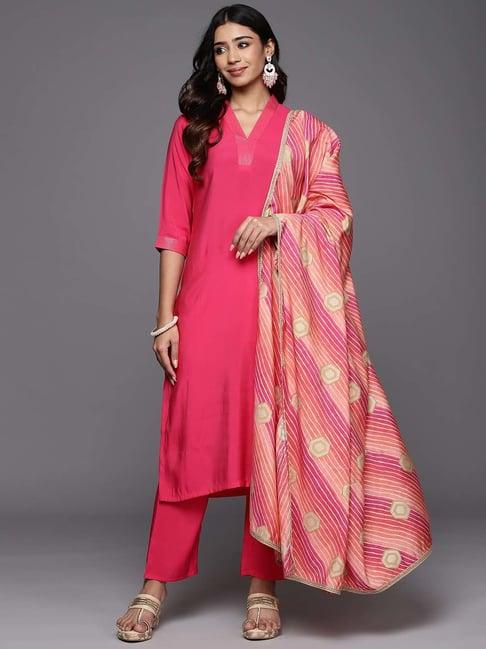 gerua pink straight fit kurta pant set with dupatta