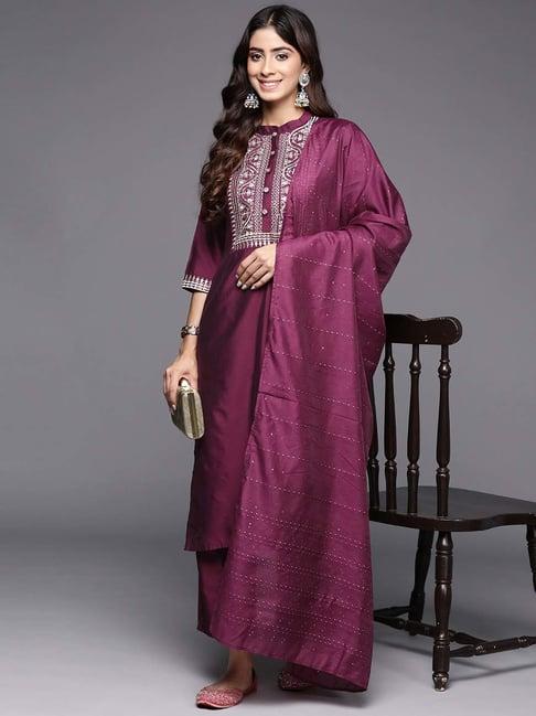 gerua purple embroidered kurta pant set with dupatta