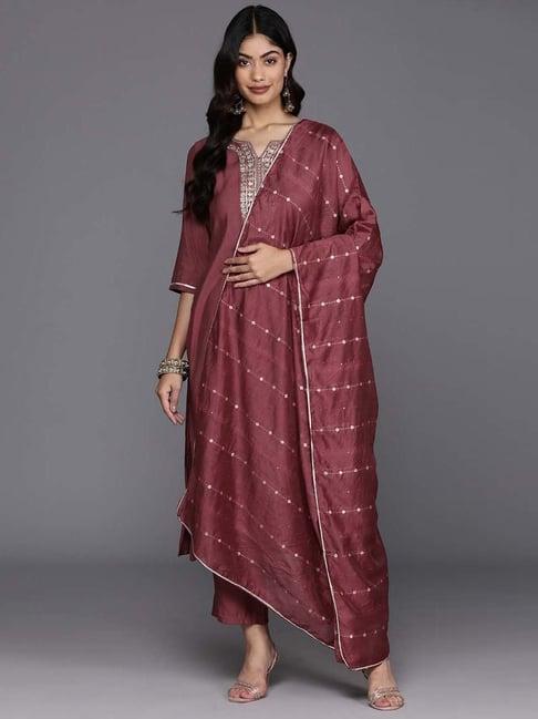 gerua purple embroidered kurta pant set with dupatta