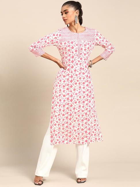 gerua white & pink cotton floral print straight kurta