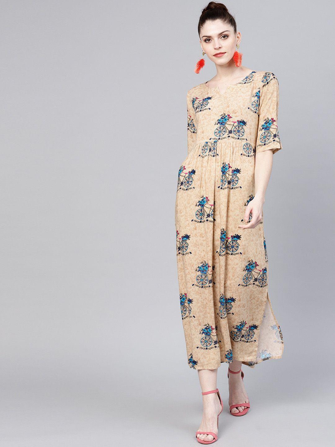 gerua women beige & blue printed maxi dress