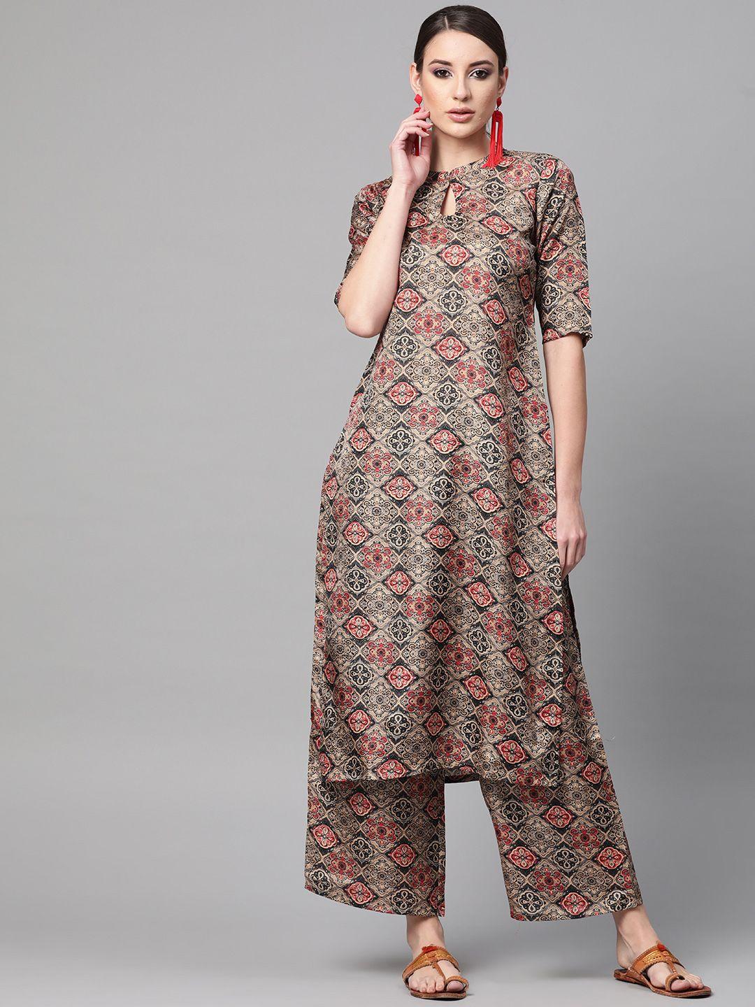 gerua women beige & red printed kurta with palazzos