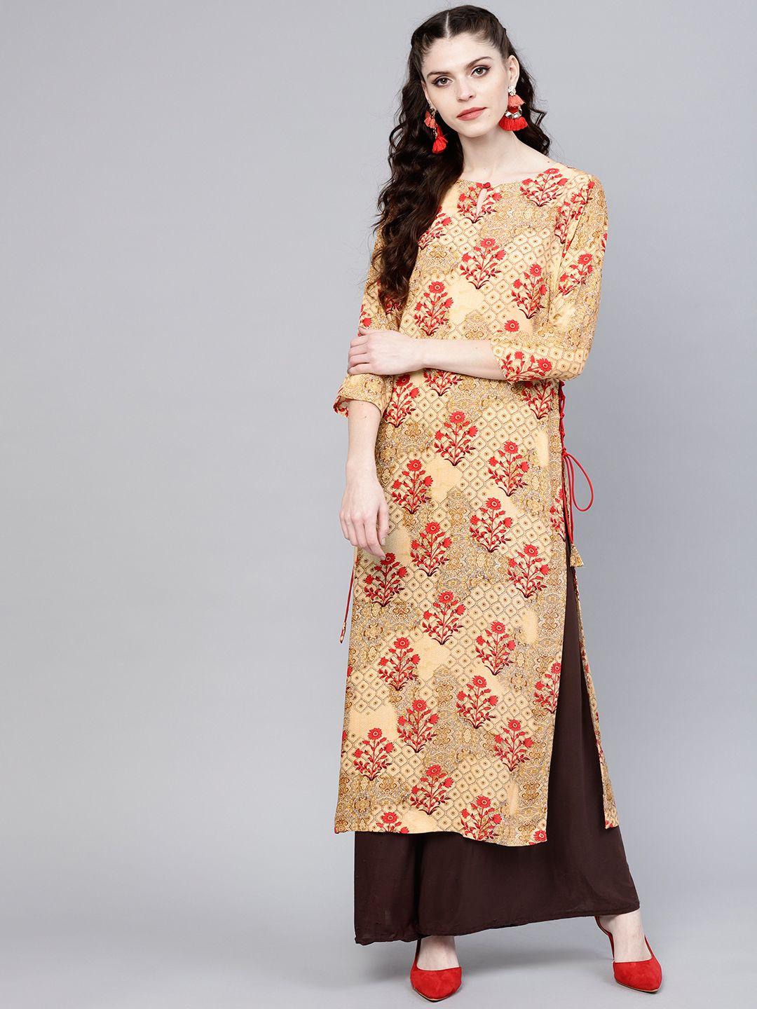 gerua women beige & red printed straight kurta