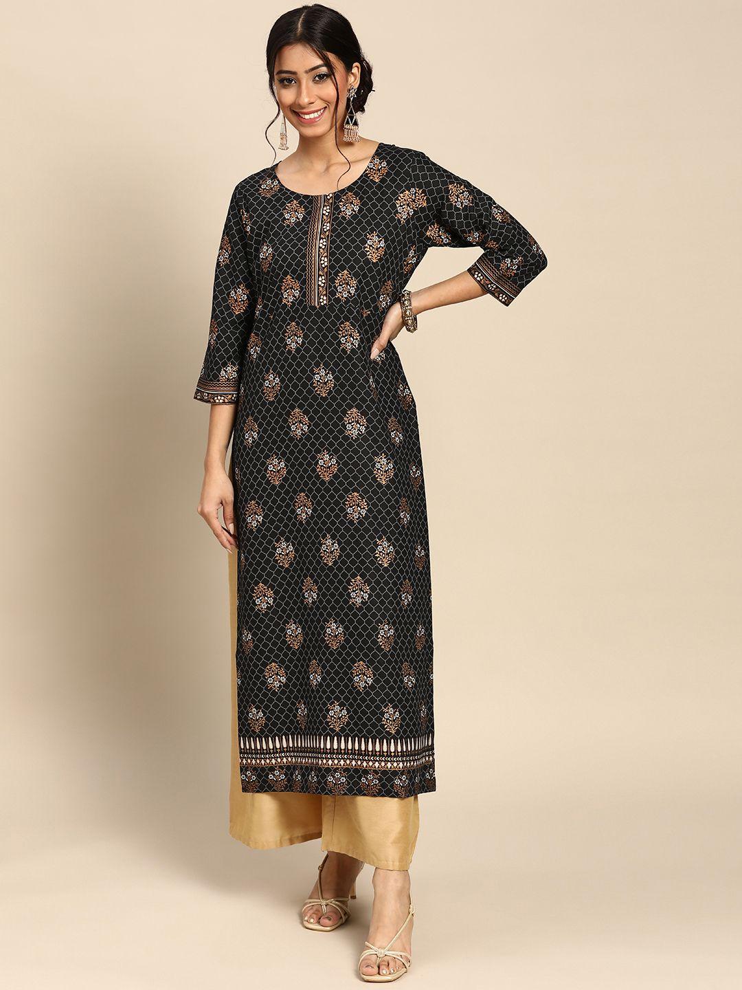 gerua women black & golden ethnic motifs printed kurta