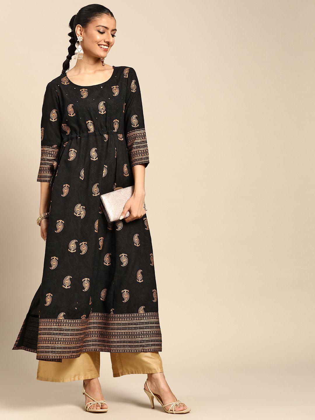 gerua women black & golden paisley printed mirror work kurta