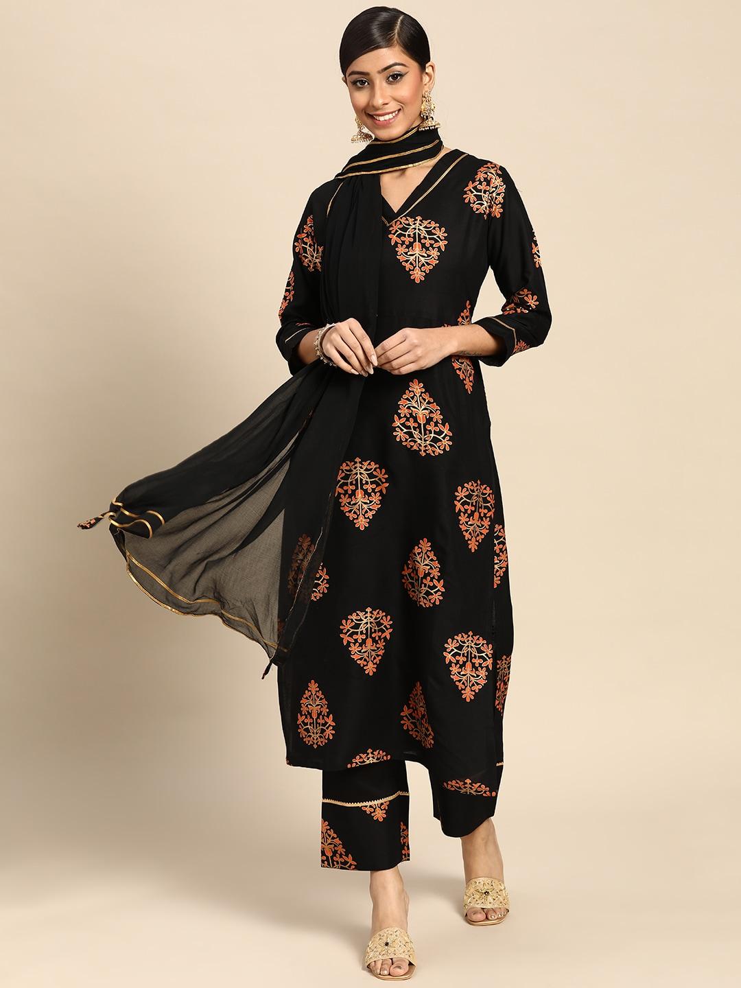 gerua women black ethnic motifs printed gotta patti kurta with trousers & with dupatta