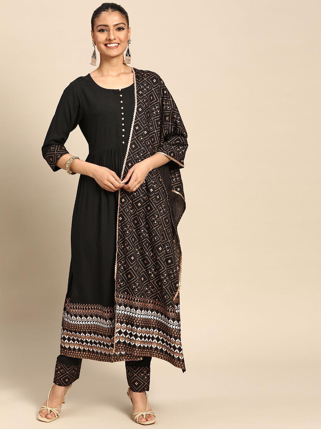 gerua women black ethnic motifs printed gotta patti kurta with trousers