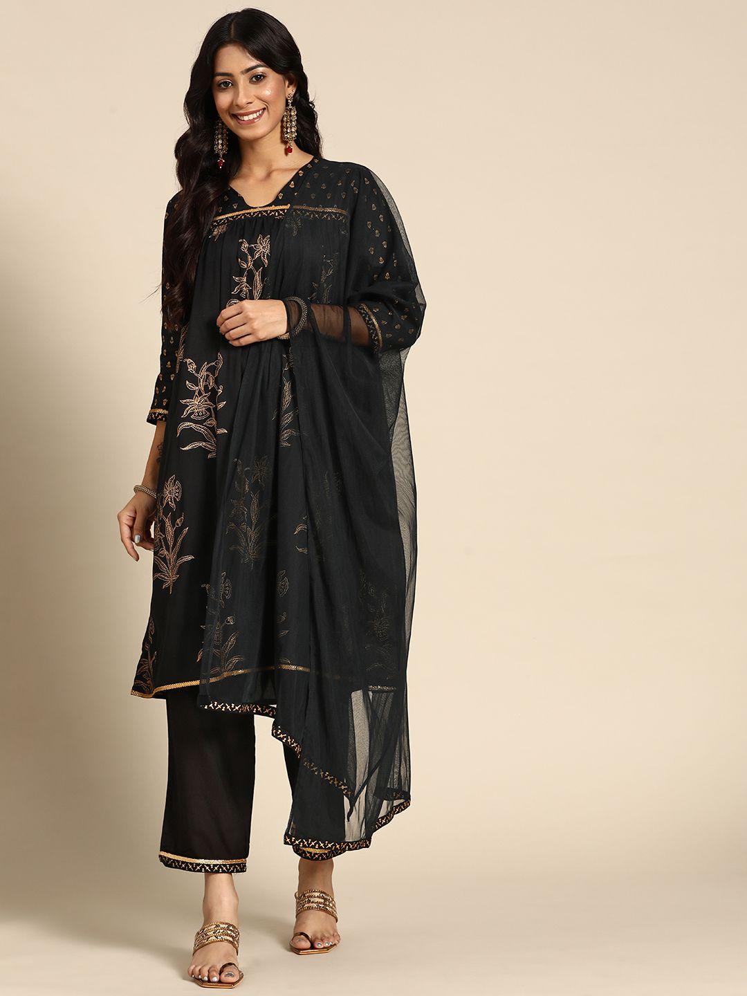 gerua women black floral printed pleated gotta patti kurta with trousers & with dupatta