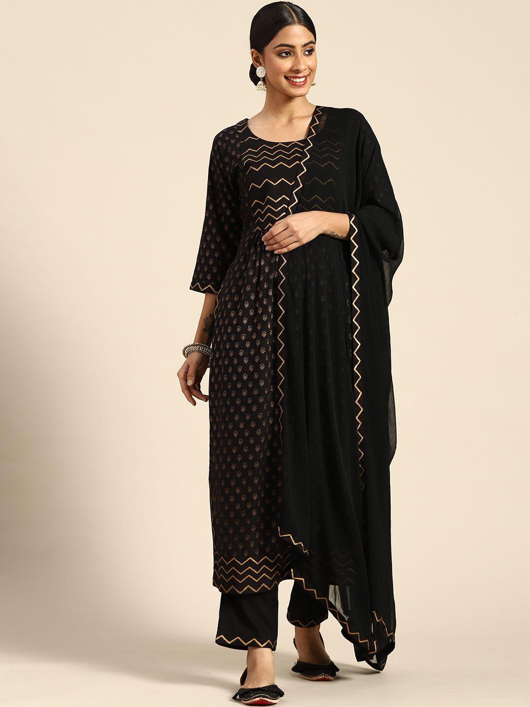 gerua women black floral printed pleated kurta with trousers & with dupatta